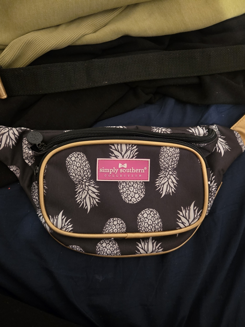 Simply Southern Black Pineapple Print Waist Pack with Tan Trim and Pink Logo